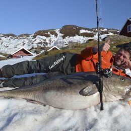 Alemão Michael Eisele posa com peixe cod de 47 kg e 1,60 metro (Foto: Soroya Havfiskesenter/NTB Scanpix/Reuters)